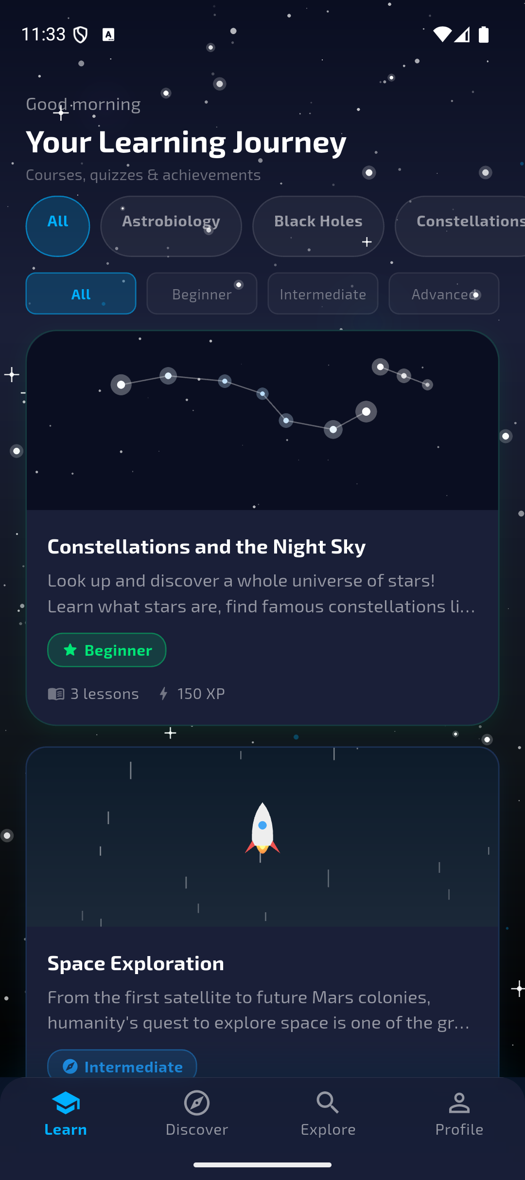 Astrophy app - Learn tab showing astronomy courses